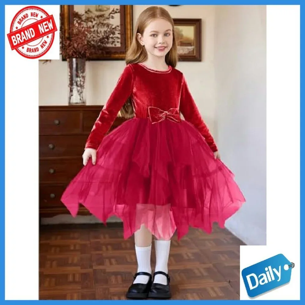 Toddler Velvet Dress Long Sleeve Irregular Hem Tulle Special Occasion